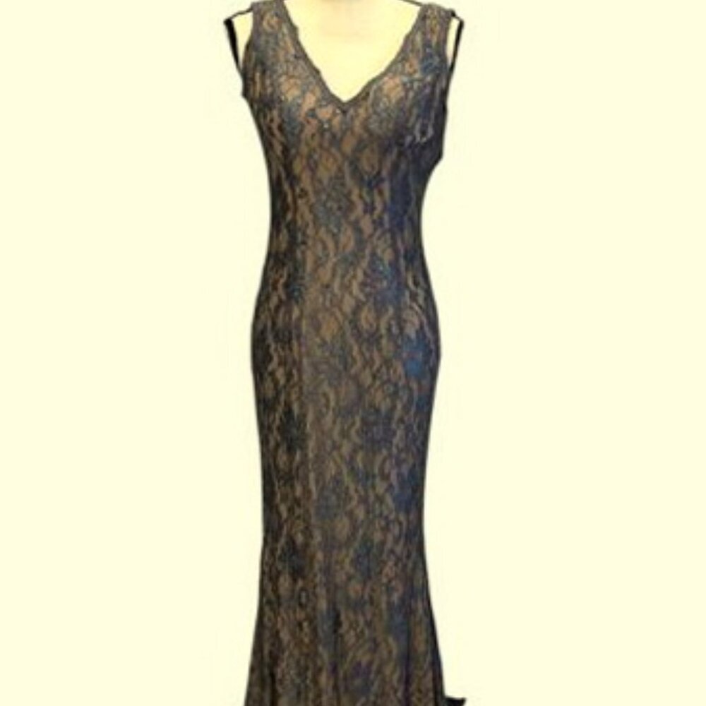 Silver Nude Sequin Floral Lace Gown